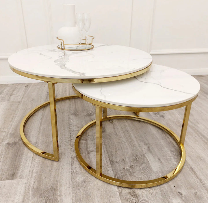 Round Coffee Table Gold  with Polar White Sintered Stone Tops