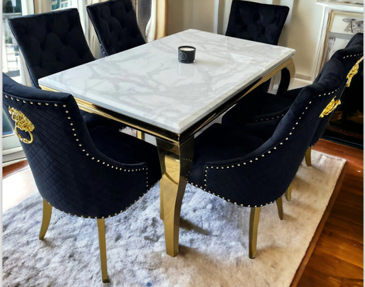 Louis Marble Gold Dining Table White  + Gold Dining Chairs Black Lion knocker