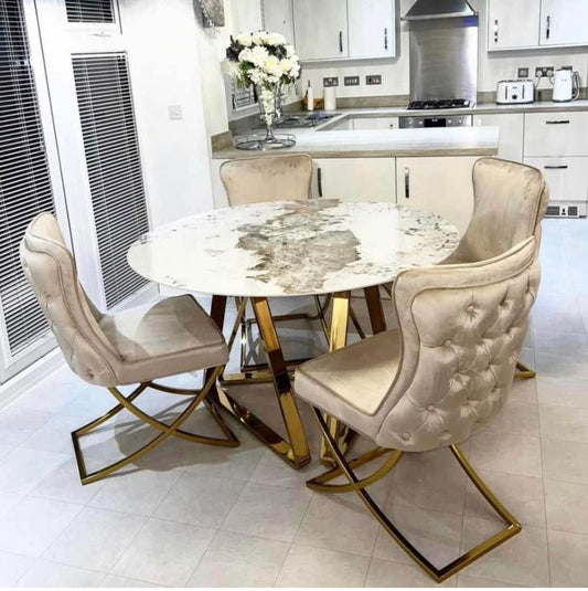 1.3M Nero Gold Dining Pandora  with 4 Sandhurst Dining Chairs cappuccino Gold Leg