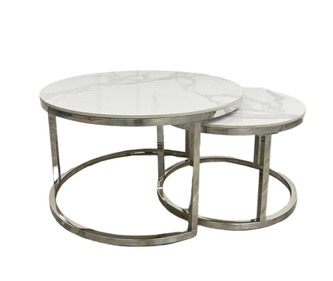 Cato Nest of 2 Short Round Coffee Silver Tables with Polar White Sintered Stone Tops