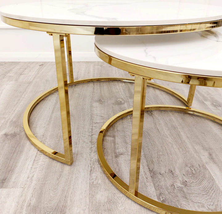 Round Coffee Table Gold  with Polar White Sintered Stone Tops