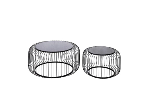 Set of 2 Black Metal with Black Glass Top Coffee Table