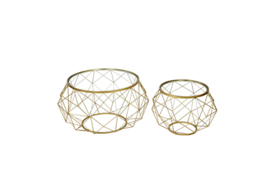 Set of 2 Gold Metal Mesh Coffee Table with Glass Top