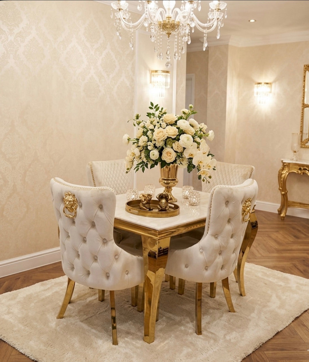     Cream marble dining table with lion knocker chairs