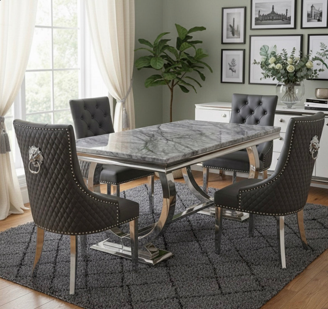 Grey Marble Dining 
Dark Grey Pu leather Chairs 