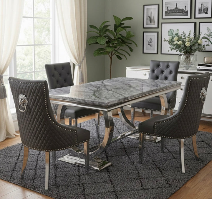 Grey Marble Dining 
Dark Grey Pu leather Chairs 