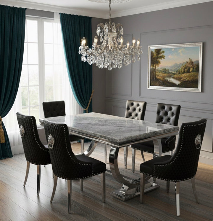 Grey Marble Table 
Black Leather Dining Chairs 
