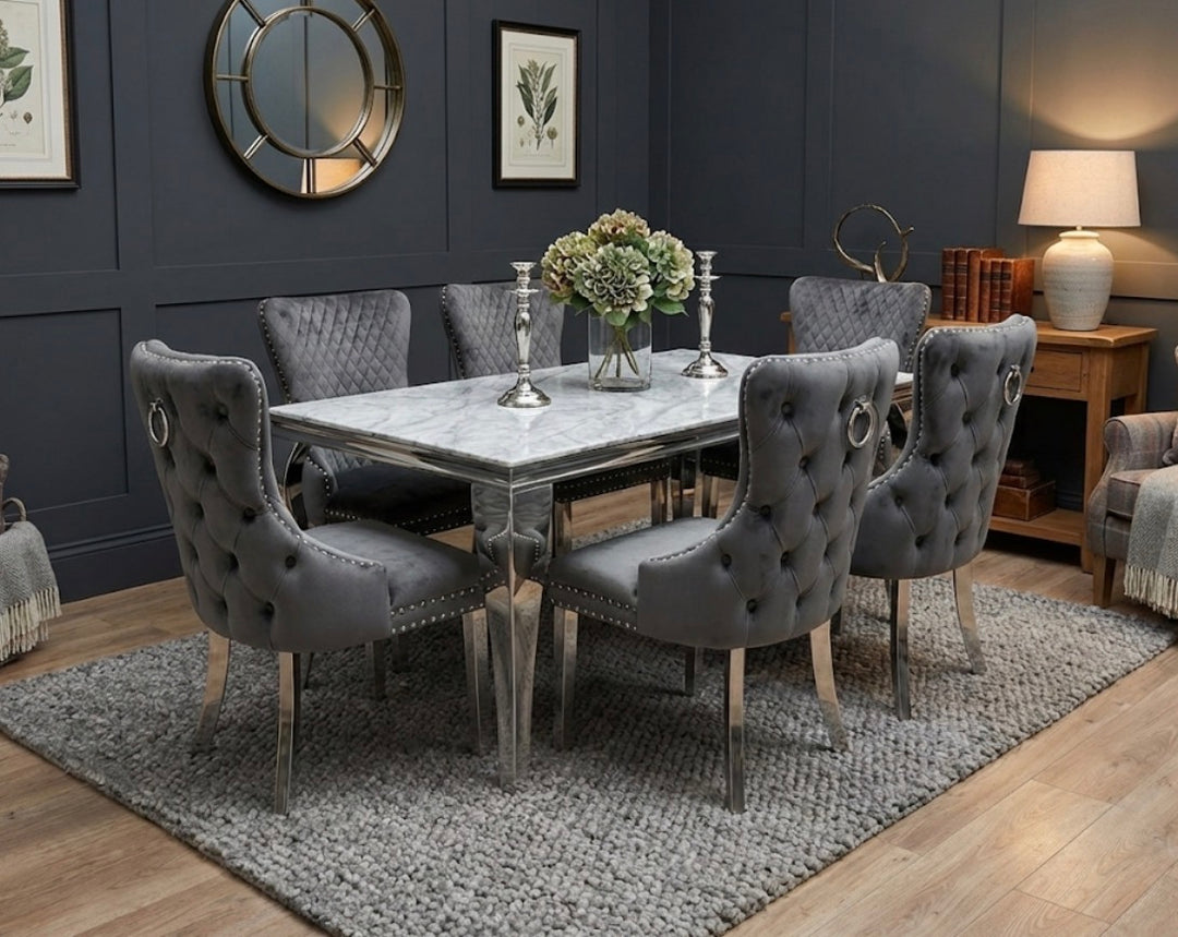 Grey Marble Dining Table 
Dark Grey Dining Chairs 
Velvet Dining Chairs 