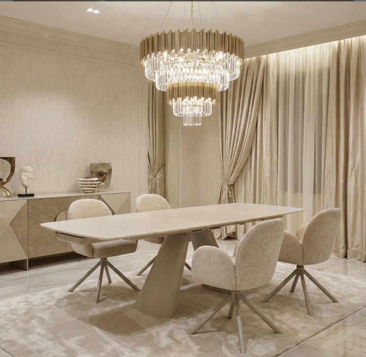 Gstaad beige extendable stone dining table with beige dining chairs, 160–240cm