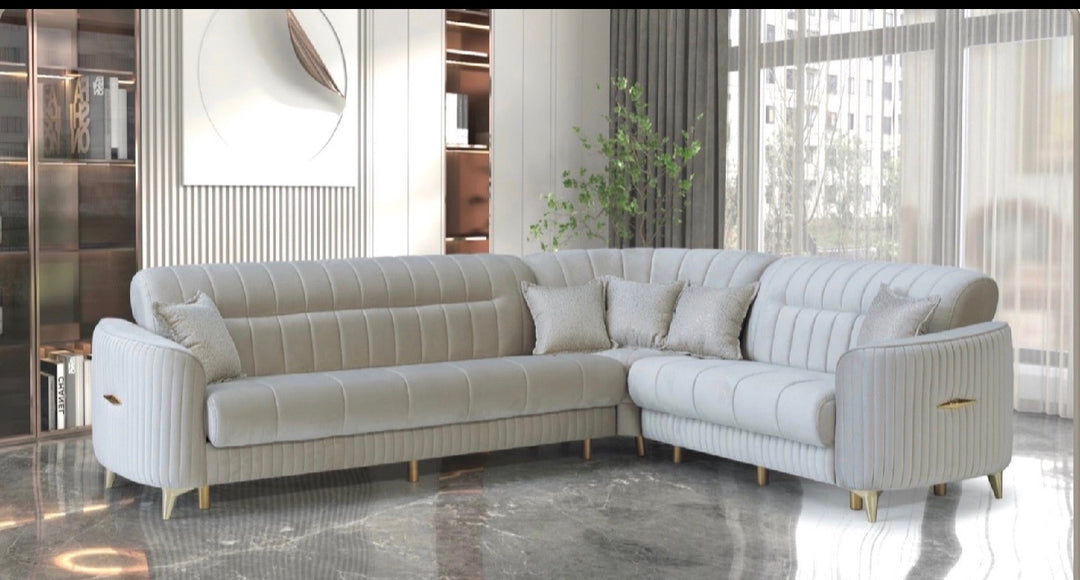 Key Perra Cream Corner Turkish Sofa Bed With Gold – Modern L-Shape Sleeper Sofa with Storage