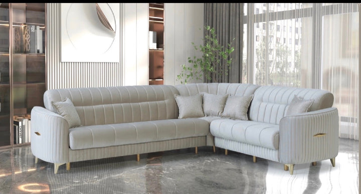 Key Perra Cream Corner Turkish Sofa Bed With Gold – Modern L-Shape Sleeper Sofa with Storage