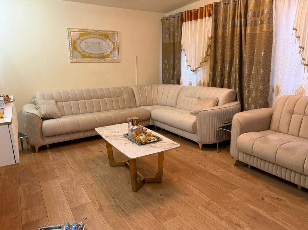 Key Perra Cream Corner Turkish Sofa Bed With Gold – Modern L-Shape Sleeper Sofa with Storage