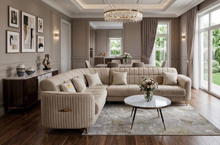 Key Perra Cream Corner Turkish Sofa Bed With Gold – Modern L-Shape Sleeper Sofa with Storage