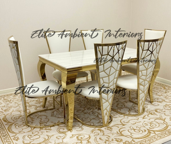 Louise Cream And Gold Dining Set With Rose Cream And Gold Dining Chairs