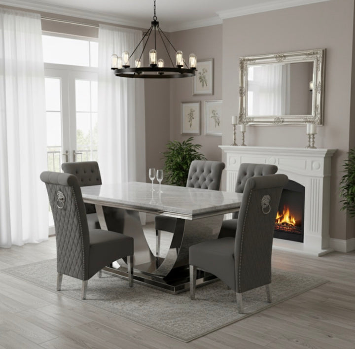 London Grey Marble Dining Table With Sofia Dark Grey Chairs