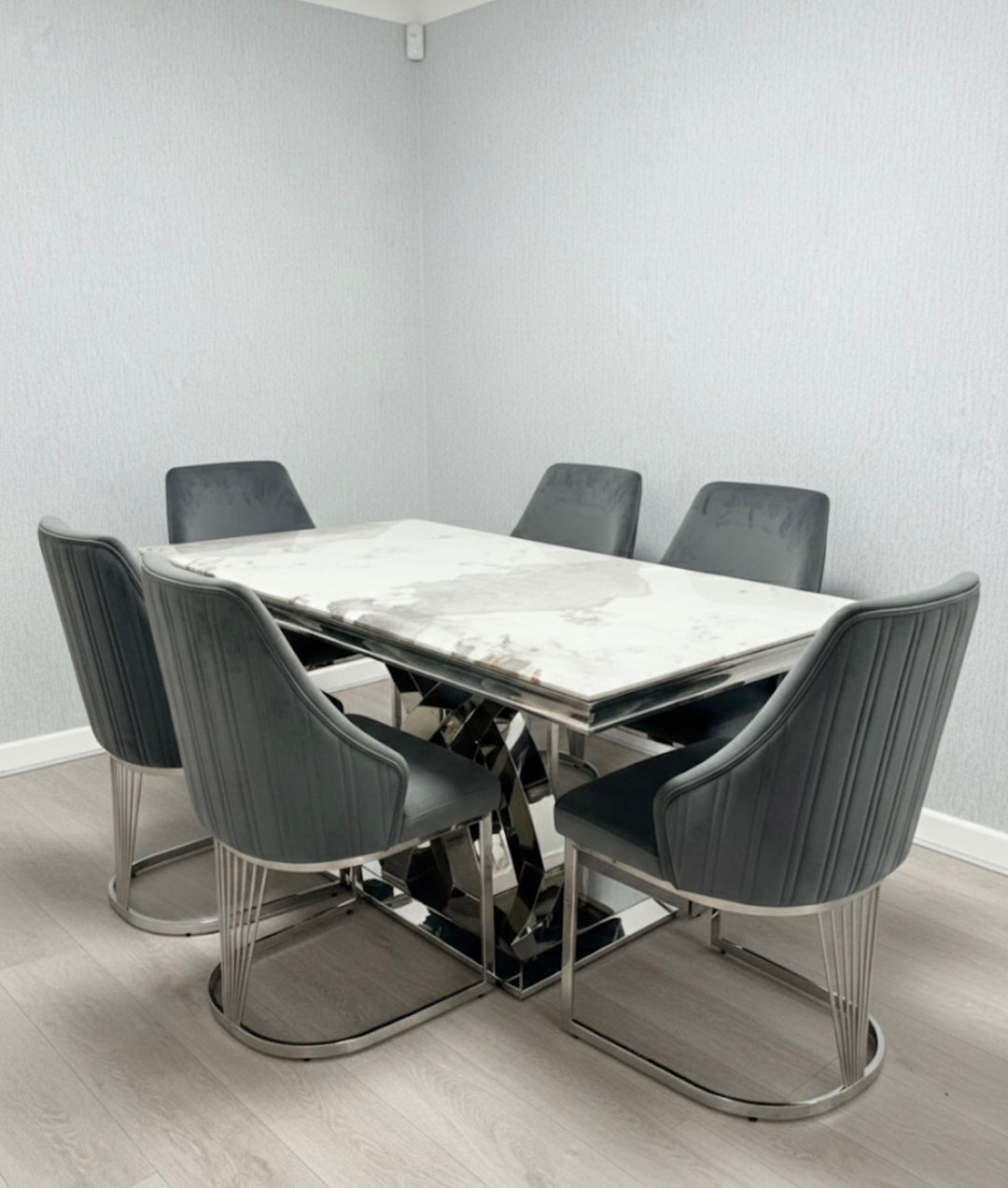 1.8M Milan Dining Table With Milan Dark Grey Velvet Dining Chair