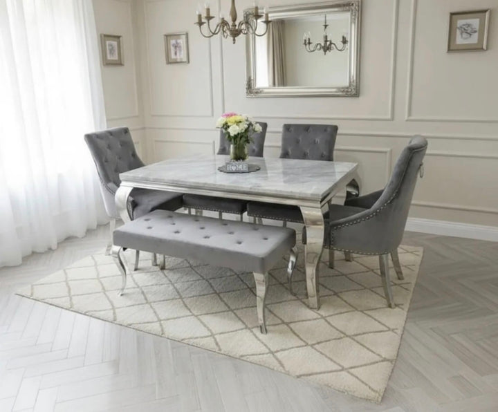 Luxury Light Grey Marble Dining Set – 4 Dark Grey Velvet Chairs & Grey Bench | Modern Marble Dining Table
