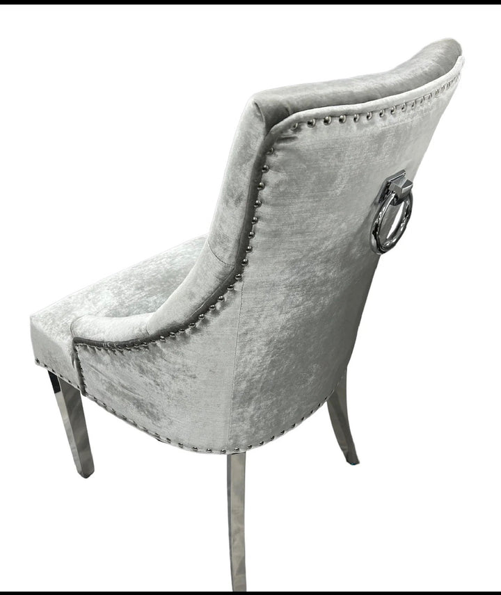 Luxury Light Grey Marble Dining Set – 4 Dark Grey Velvet Chairs & Grey Bench | Modern Marble Dining Table