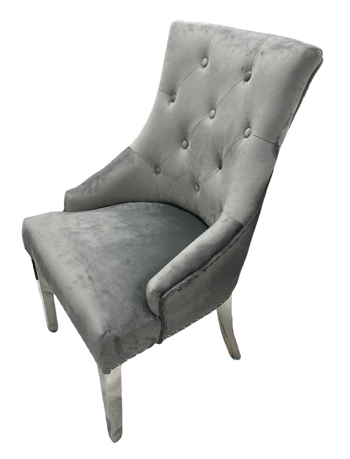 Luxury Light Grey Marble Dining Set – 4 Dark Grey Velvet Chairs & Grey Bench | Modern Marble Dining Table