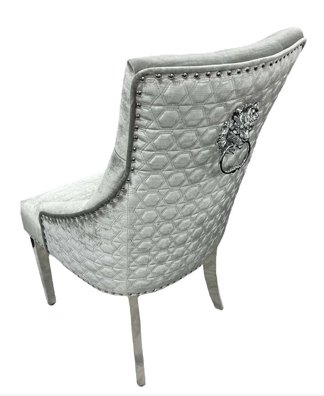 lion konker chair with light grey and chrome design back side view