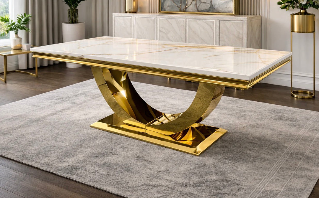 White marble Dining table 
White and gold Marble Dining table 