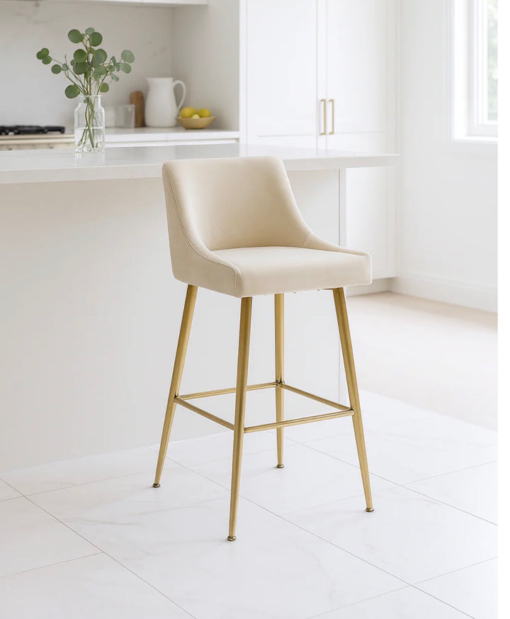 Ivory Bar Stool Gold Legs, Cream Velvet Bar Stool, Milan Kitchen Stool.