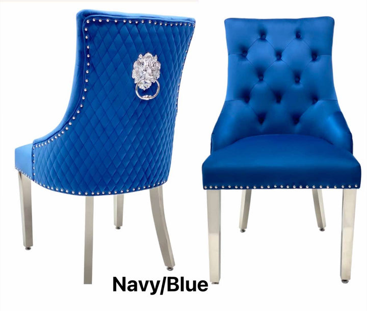 lion konker chair with blue and chrome design back side view and front side view
Navy Dining Chairs 