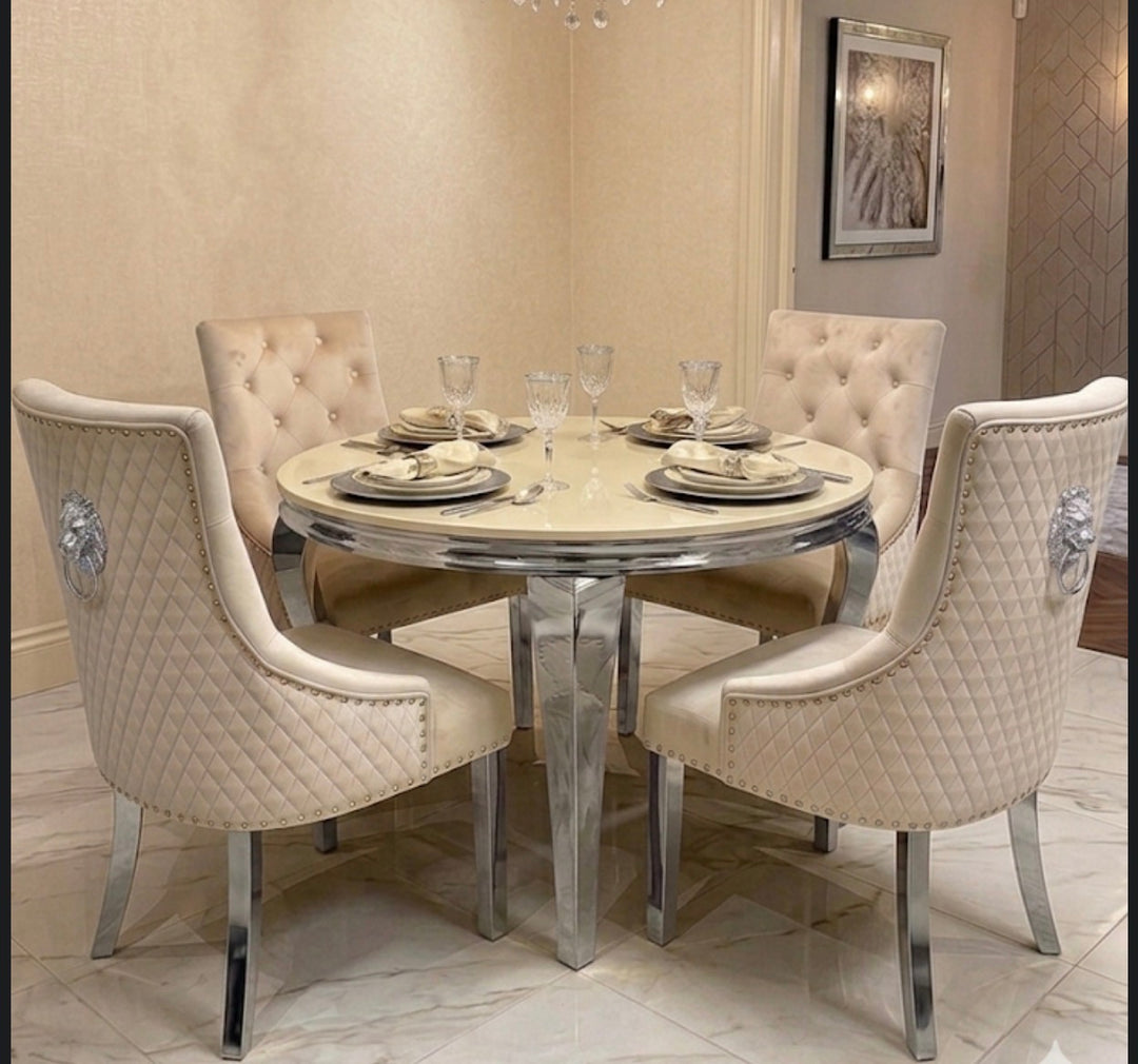 cream dining table set, mink dining chairs UK, lion knocker chairs, round dining table UK, luxury dining set, velvet dining chairs, glam dining furniture UK