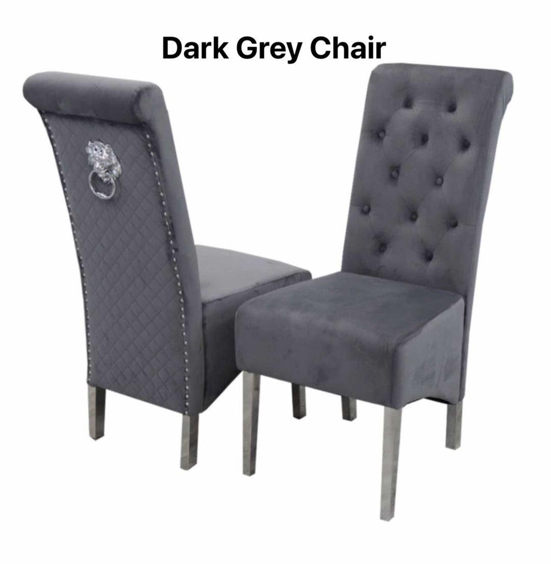 Louis Marble Dining Table + Sofia Dark Grey Dining Chairs Lion Knocker