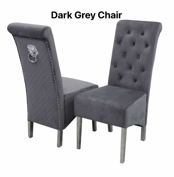 Louis Marble Dining Table + Sofia Dark Grey Dining Chairs Lion Knocker