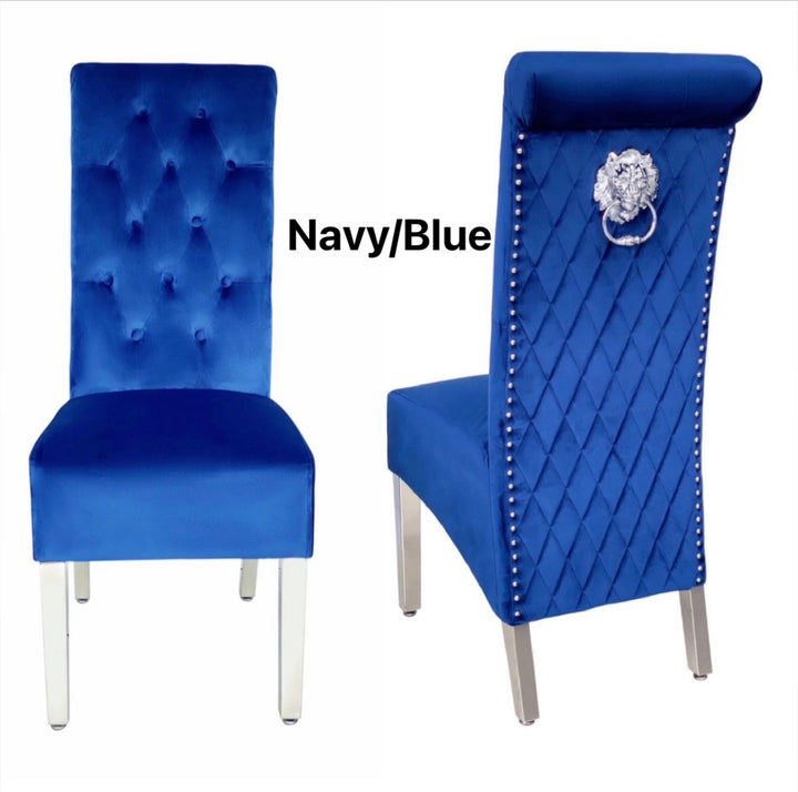 Dining Chair 
Navy dining chairs 
Blue dining chair 
Lion knocker chair 