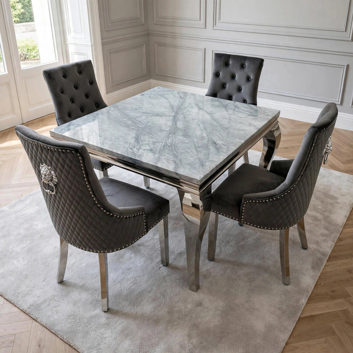 100cm Square Dining Table with 
Velvet Dark Grey Lion knocker chairs 