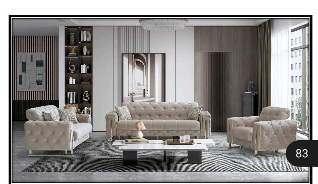 Modern living room with beige sofa, armchair, and coffee table. Turkish Cream and Gold Sofa 