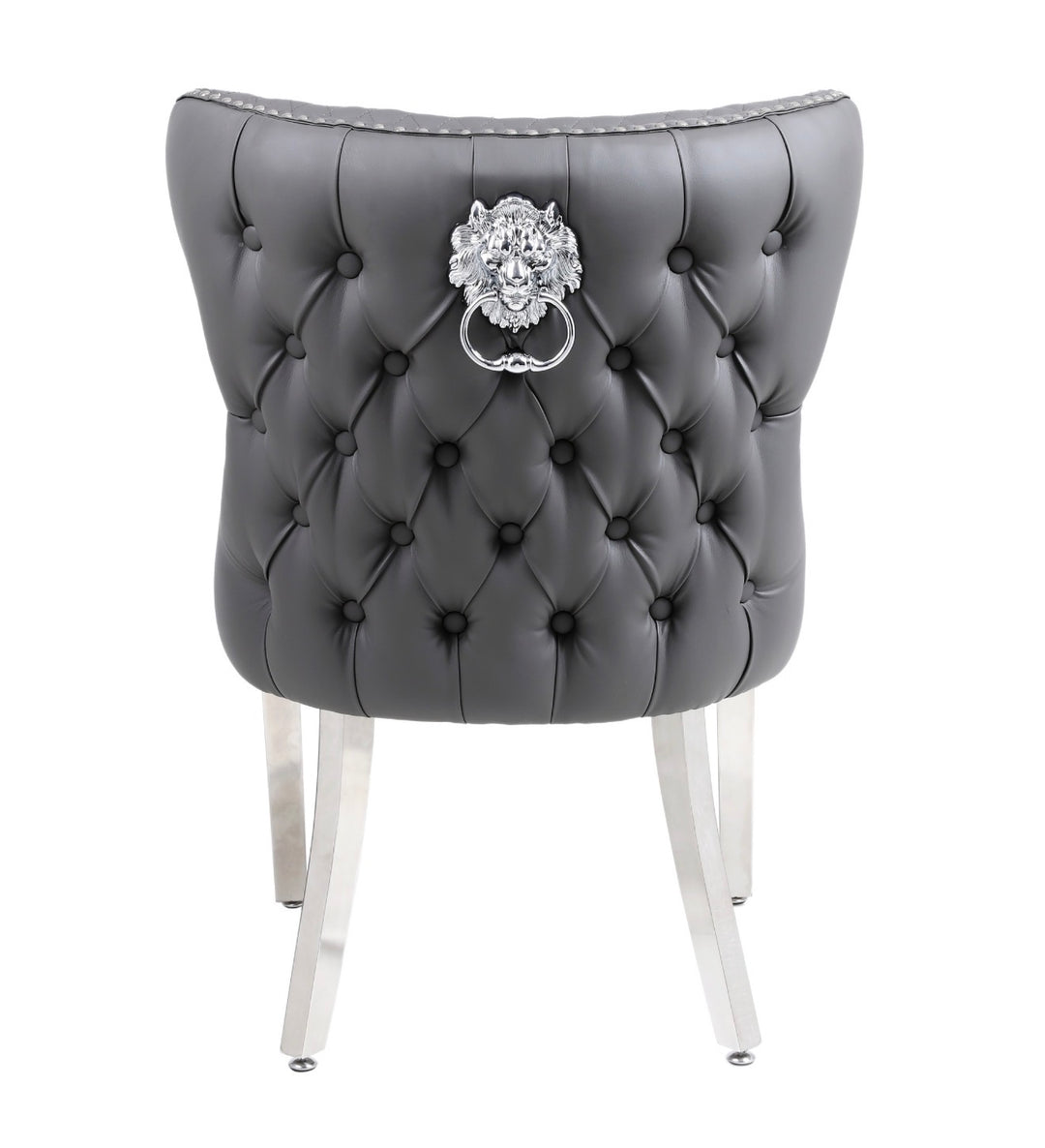 Dark Grey Pu leather tufted chair with a lion head knocker