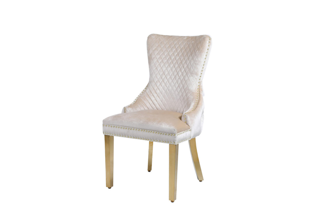 “Victoria cream and gold dining chair with lion knocker – front view”