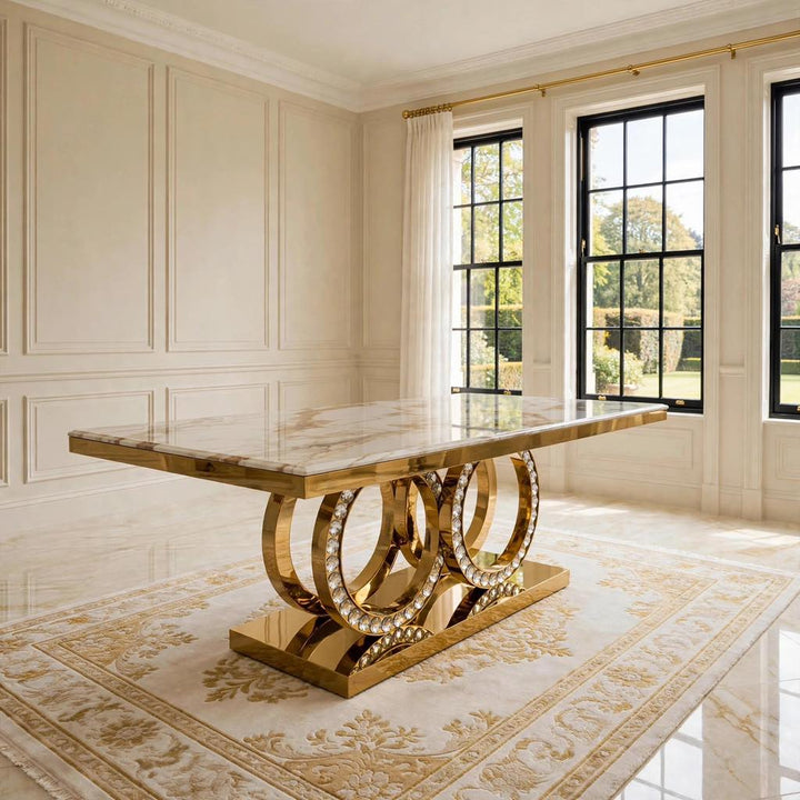 1.6M & 1.8M | Crystal Gold Dining Table with Rome Maroon & Gold Dining Chairs - Luxury Marble Dining Set