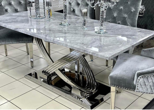 Rose 180cm Light Grey Marble Dining Table With Lion Knocker Chairs
