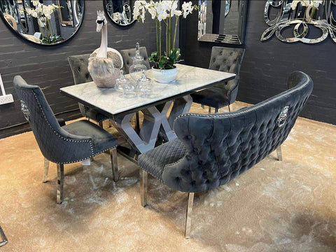 1.6M Majestic light Grey Table with Valentino Dark Grey bench and 4 dark Grey Majestic Lion knocker chairs