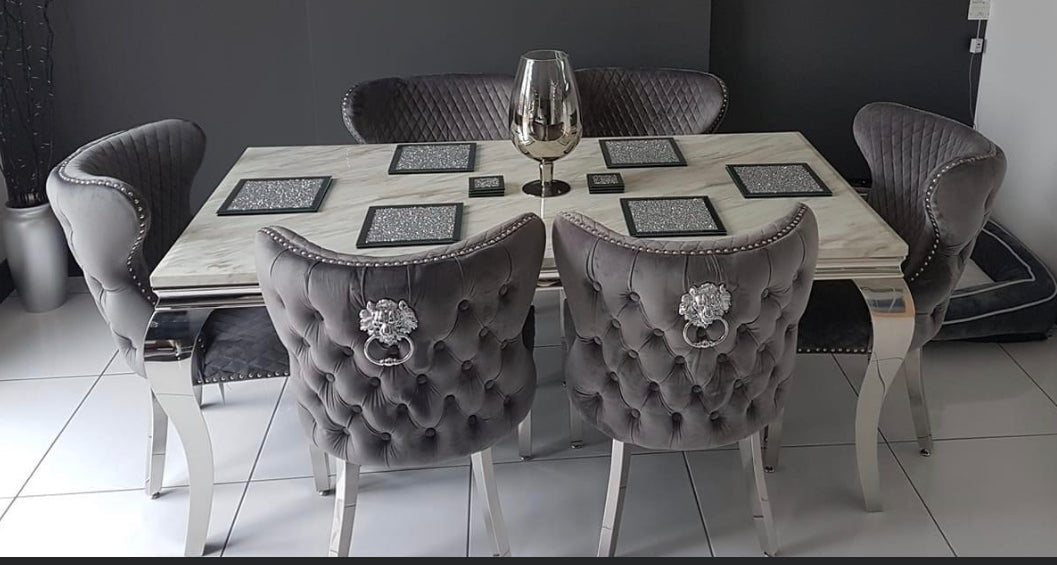 Louise Marble Dining Table With Valentino Dark Grey Lion Knocker chairs