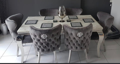 Louise Marble Dining Table With Valentino Dark Grey Lion Knocker chairs