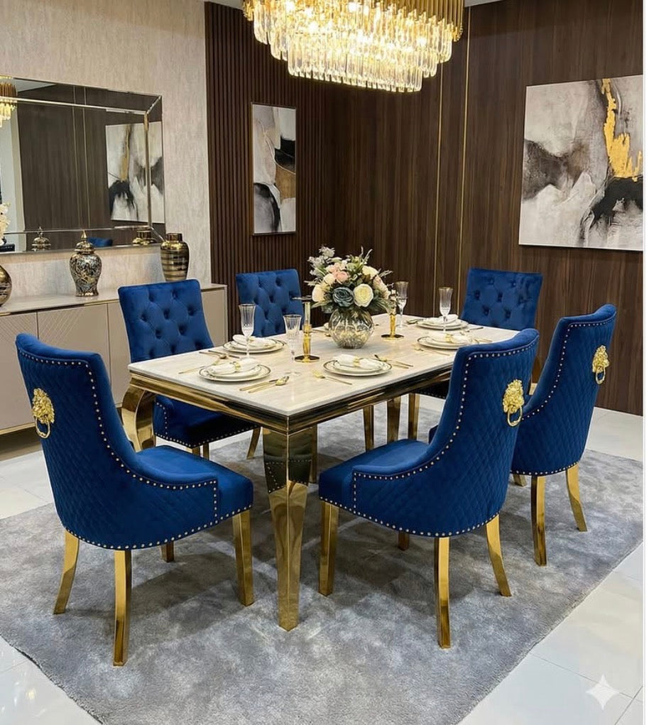 Louise marble dining set gold base with majestic navy blue velvet lion knocker dining chairs luxury dining furniture UK