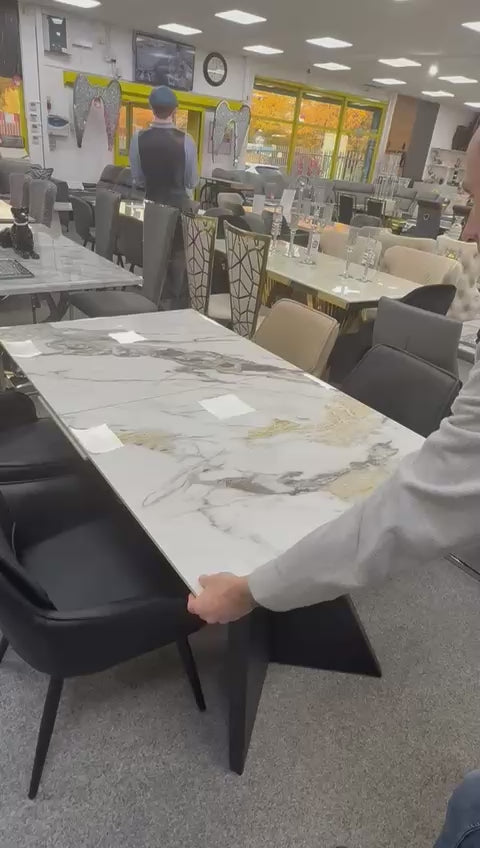 Chicago Extendable Dining Table 180–260cm Ceramic White Gold Top with Black Legs – Seats 4 to 12