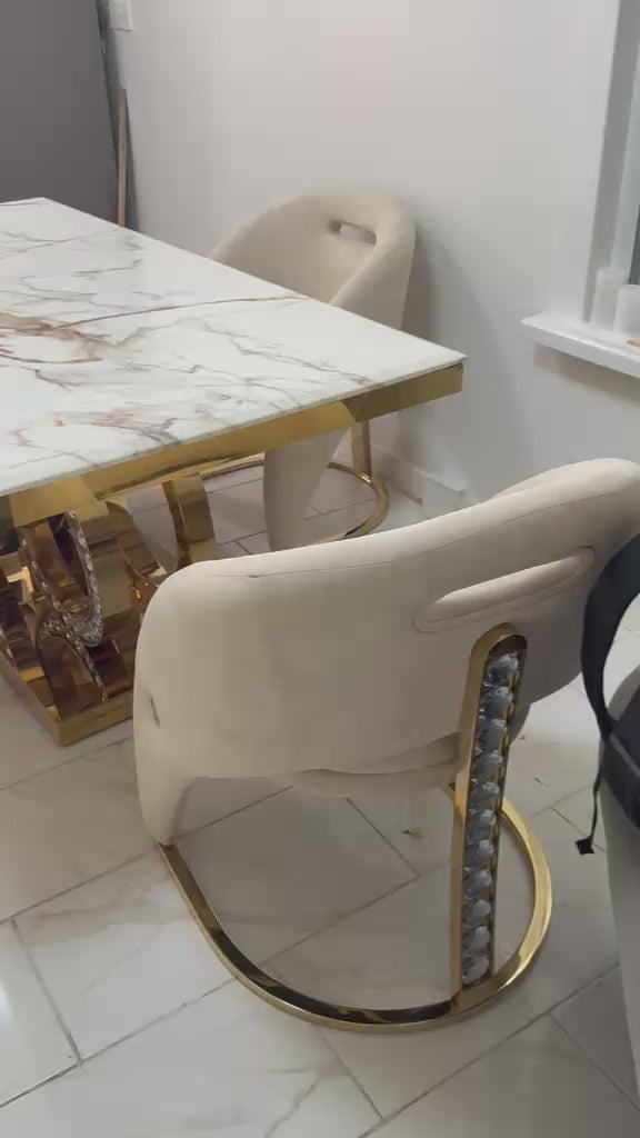 Crystal Gold Dining Table 160cm & 180cm with Rome Cream & Gold Dining Chairs - Luxury Marble Dining Set