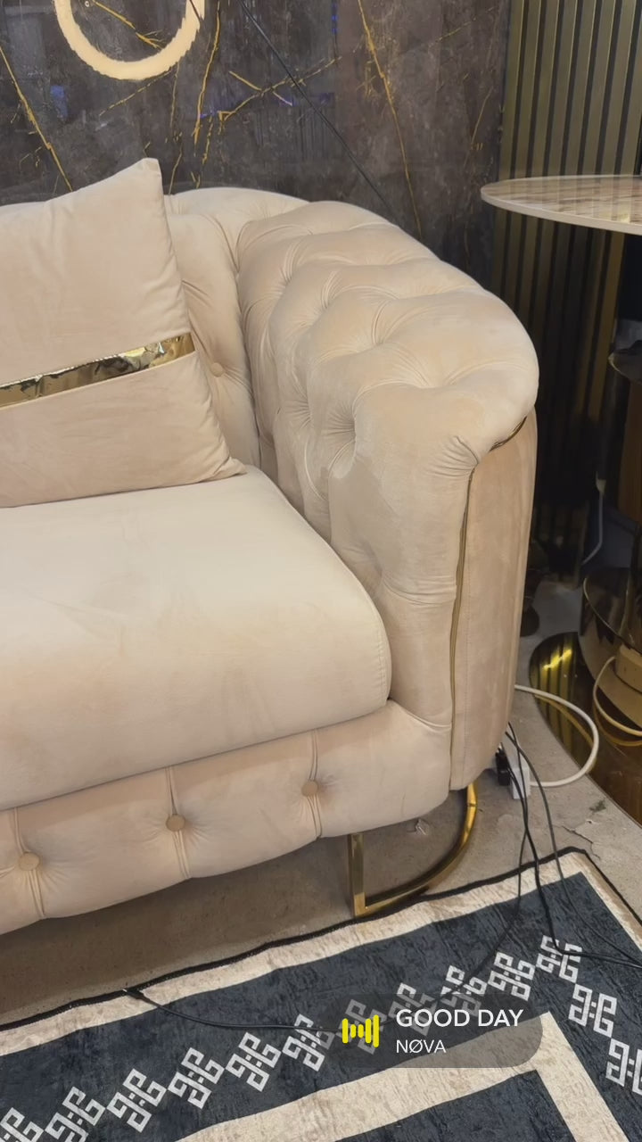 Victoria 3+2 Seater Beige Sofa Set|Gold Trim & Gold Legs