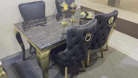 Louis Marble Dining Table Black and Gold With Majestic black Ring Knocker Black and Gold Chairs