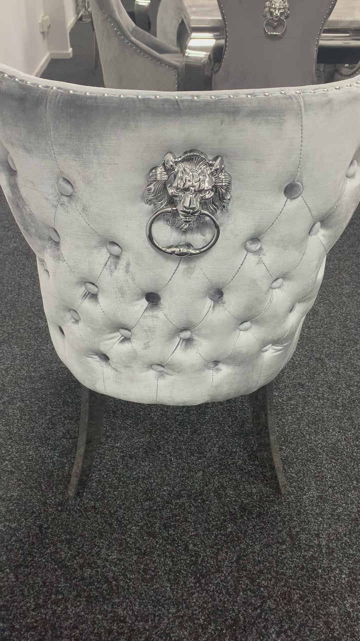 Arriana Light Grey Table With Valentino Silver Lion Knocker Chairs