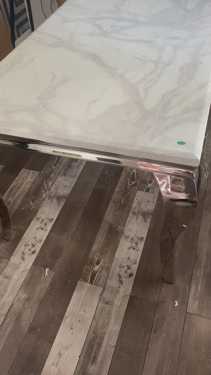 Louis 1.8M Marble Dining Table With Valentino Dark Grey Lion Knocker Chairs