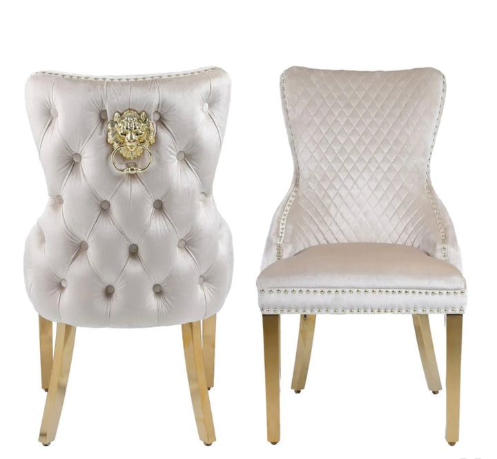 Victoria cream and gold dining chair with lion knocker 