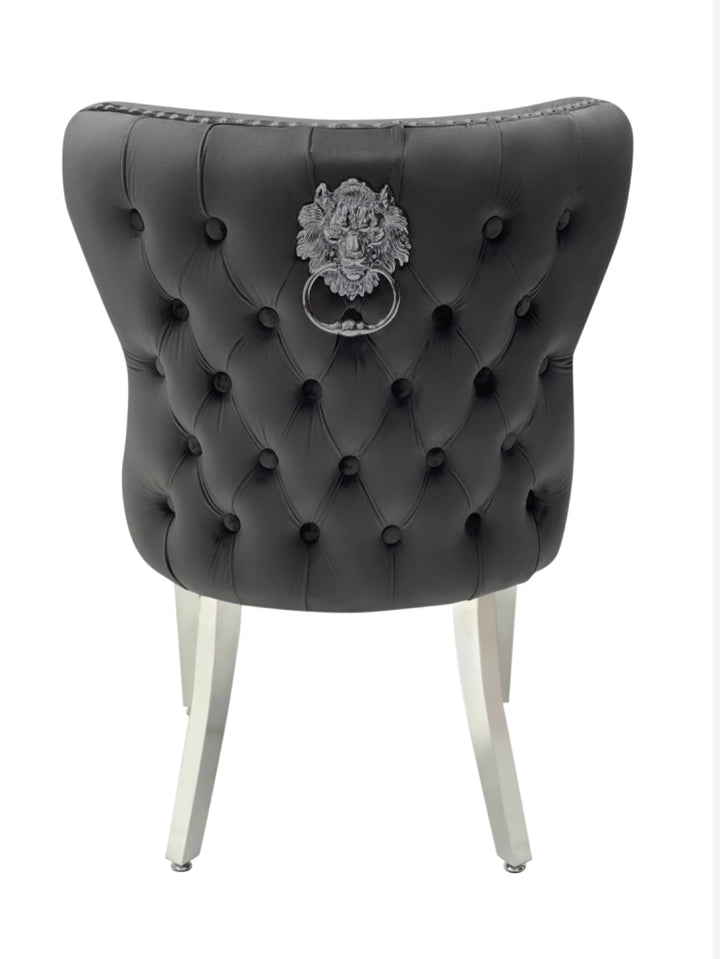 1.3M Louis Marble Round Table + Dark Grey Valentino lion knocker Chairs