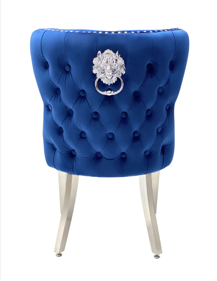 1.3M Louis Marble Round Table + Navy  Valentino lion knocker Chairs
